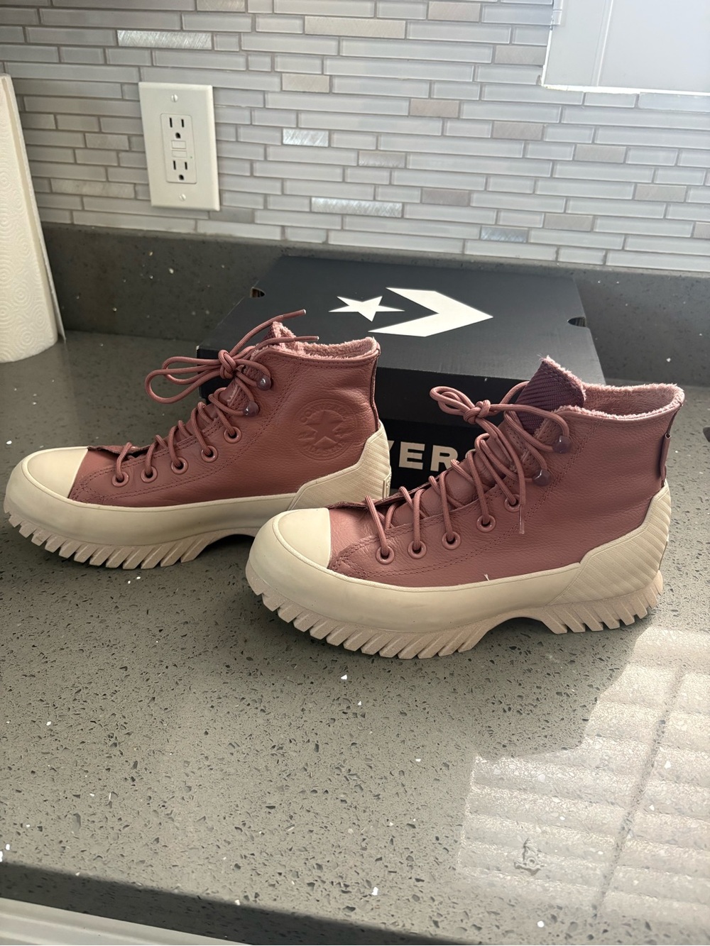 Converse Pink Leather High-Top Platform Sneakers - Picture 3 of 6